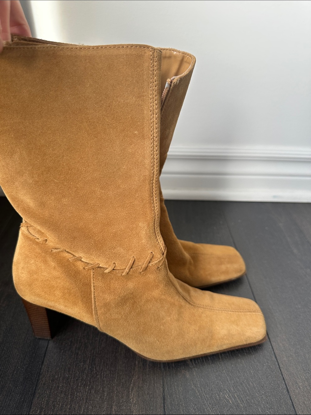 Tan Suede Mid-Calf Heeled Boots